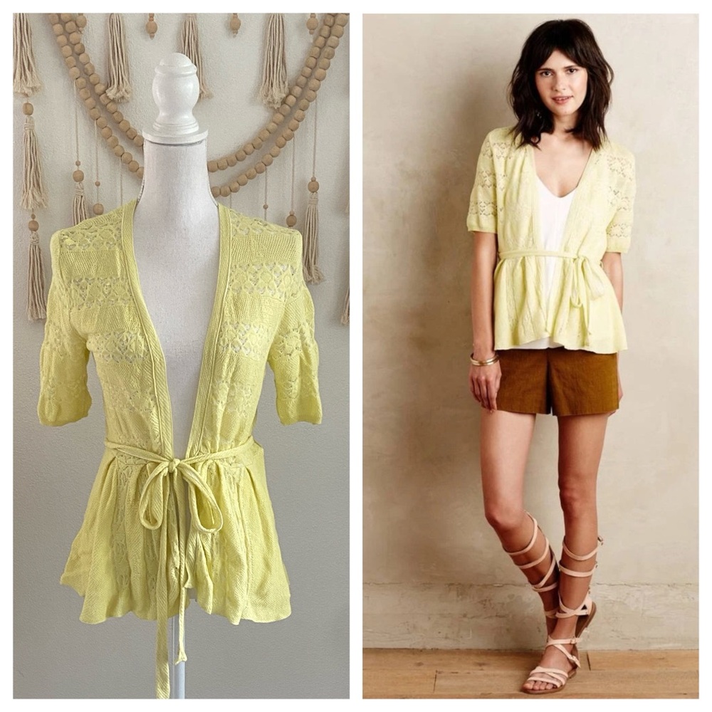 Anthropologie Knitted & Knotted yellow crochet tie front sweater shirt sleeve S - Picture 1 of 15